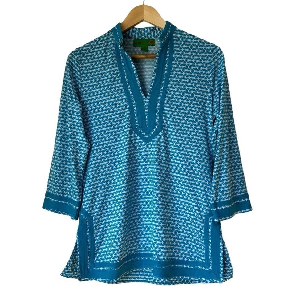 Island Republic Turquoise Blue Tropical Vacation Resort Tunic Top, Small